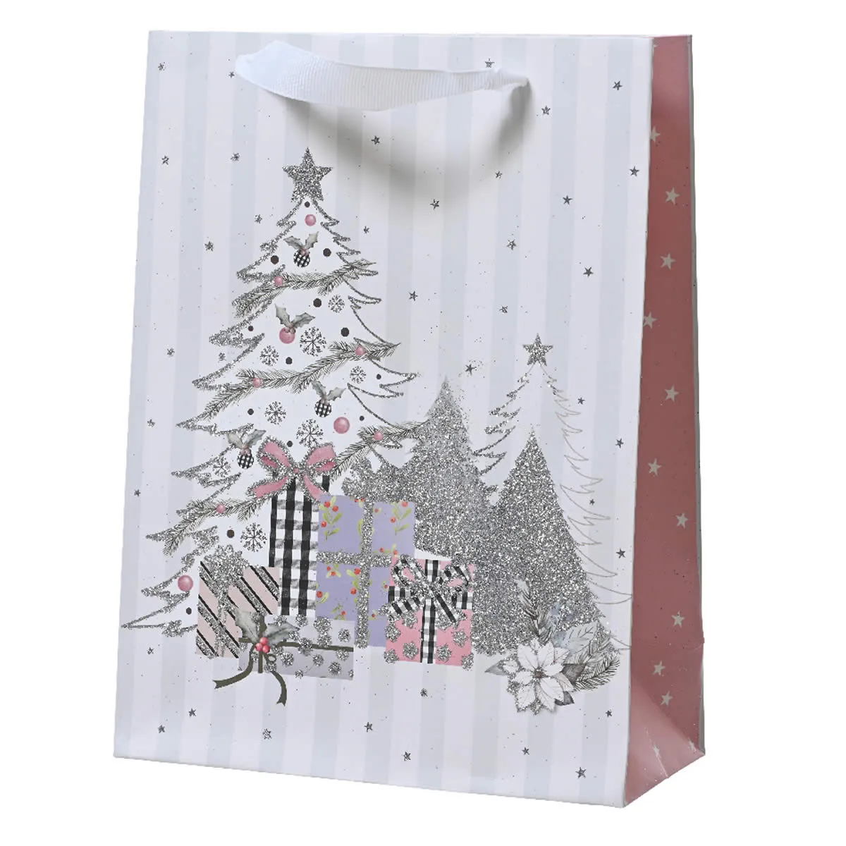 Kersttasjes festive wit roze 26 x 10 x 32 cm (6 stuks)