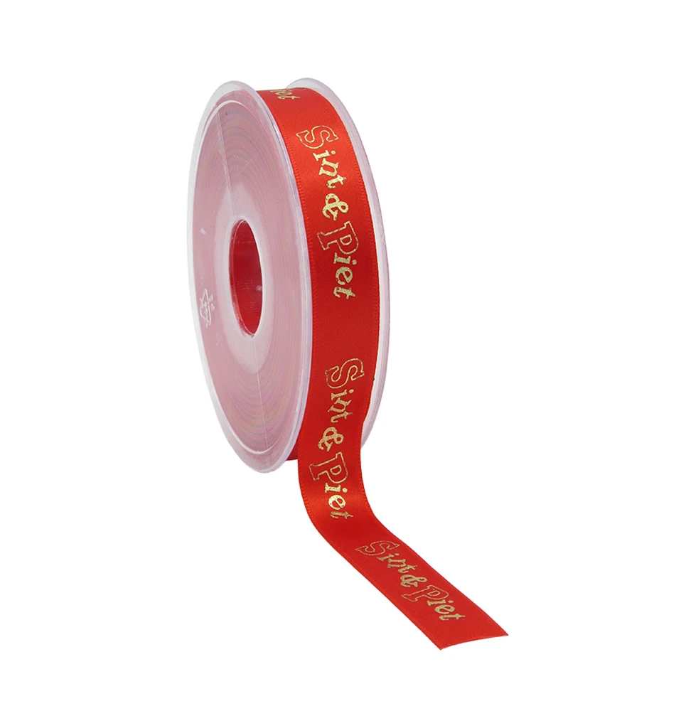 Satijnlint Sint en Piet rood goud 15 mm (25 meter)