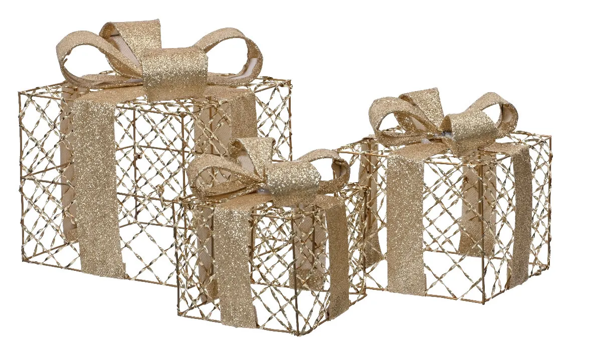 Decoratie cadeautjes glitter goud (set van 3)