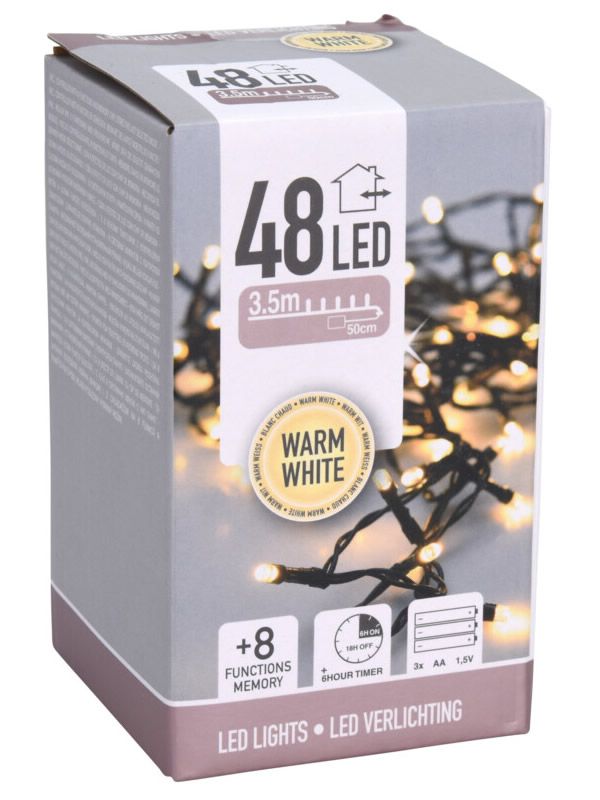 Kerstverlichting batterij warm wit 48 LED (3,5 meter)